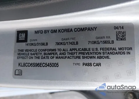 2014 Chevrolet Spark 1Lt Auto z USA, uszkodzony, nr VIN KL8CD6S96EC545005